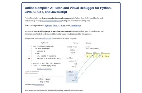 Python Tutor网页截图,Python Tutor网页快照