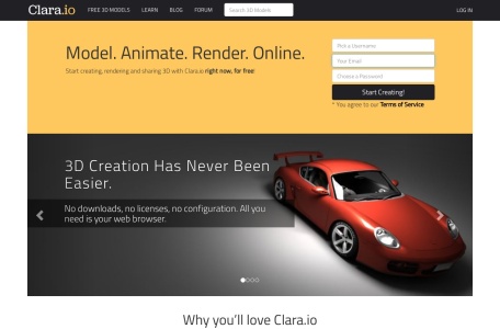 Clara.io,Clara.io官网截图,Clara.io官网入口网址，有很多免费的三维模型资源，可以在线预览效果，登录后支持多种格式的3d模型免费下载