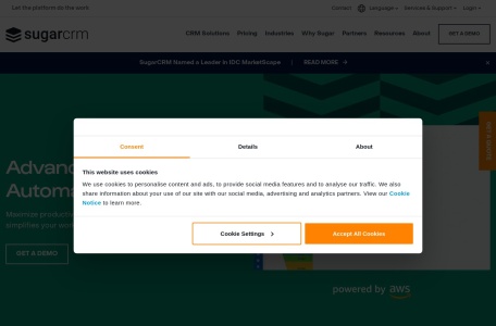 SugarCRM,SugarCRM官网截图,SugarCRM是一款客户关系管理（CRM）平台，精心打造以增强与潜在客户和客户之间的互动，并加速销售成功。以其成本效益而闻名，这个强大的解决方案使用户可以根据Nucleus Research的数据将总拥有成本降低高达32％，同时提供与不断发展的需求相符的现代功能。