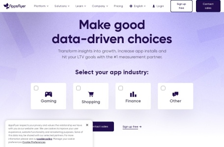Appsflyer,Appsflyer官网截图,全球领先的移动衡量、营销分析与体验管理平台，可免费体验