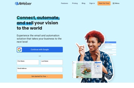 Aweber,Aweber官网截图,无需信用卡，免费体验，自动化电子邮件营销工具，被广泛应用于小型企业、博主和企业家领域