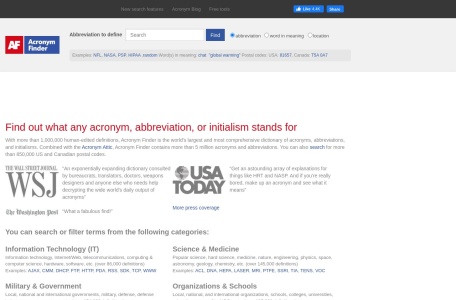Acronym Finder – 英文缩写查询,Acronym Finder – 英文缩写查询官网截图,Acronym Finder是世界上最大、最全面的首字母缩略词、缩写和首字母缩写词典之一。它由超过1,000,000个人工编辑的定义组成，提供了广泛的首字母缩略词和缩写的解释。除了首字母缩略词和缩写，该平台还提供超过50,000个首字母缩略词和缩写的库。此外，您还可以搜索超过850,000个美国和加拿大邮政编码。