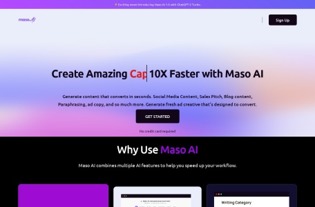 Maso Ai,Maso Ai官网截图,Maso AI是一款革命性的内容生成工具，它改变了内容创作的方式。它自动化了这个过程，使用户能够快速生成大量高质量的内容。