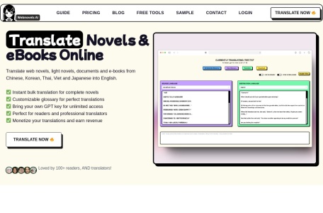 Webnovels AI,Webnovels AI官网截图,将来自中国、韩国和日本的网络小说、轻小说和电子书翻译成英语，并提供词汇支持。