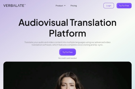 verbalate,verbalate官网截图,Verbalate™是一款通用的视频翻译和唇语同步工具，能够轻松地将音频/视频内容转换为多种语言，并具备语音克隆和唇语同步功能。