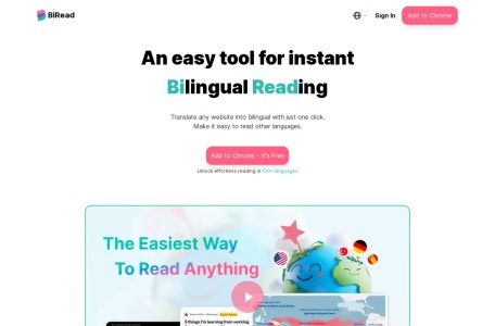 BiRead – bilingual subtitles,BiRead – bilingual subtitles官网截图,BiRead 是一个扩展程序，能够立即将任何网站翻译成双语文本，利用人工智能使多语言阅读变得更加容易。