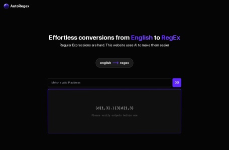 AutoRegex,AutoRegex官网截图,Regex AI是一个使用人工智能技术自动化生成正则表达式的网站。它还提供将给定的正则表达式翻译成英语的功能。
