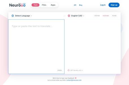 Neurooo,Neurooo官网截图,Neurooo是一个与Google翻译和DeepL竞争的AI翻译工具。它在理解上下文、自然书写和拼写错误容忍方面表现出色，采用GPT模型获得最佳结果。