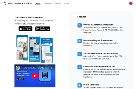 PDF Translator & Editor,PDF Translator & Editor官网截图,PDF翻译工具是一个强大的在线工具，允许用户将他们的文件翻译成100多种语言，同时保留格式和布局。它简化了翻译PDF文件的过程，使用户更快速、更方便地在不同语言之间进行沟通和理解信息。