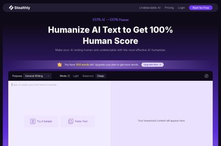 Stealthly,Stealthly官网截图,Stealthly AI 是一款先进工具，旨在将 AI 生成的文本人性化，使其不可检测且更具人类特征。它使用深度学习算法重写任何 AI 文本，生成通过 AI 检测测试的原创内容。