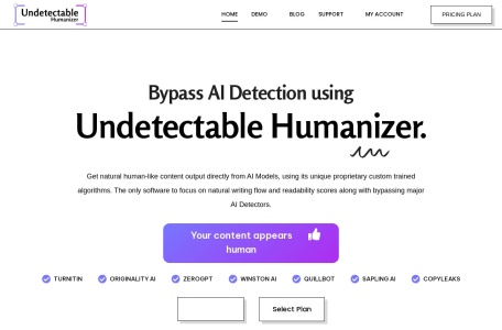 Undetectable AI Humanizer,Undetectable AI Humanizer官网截图,不可检测的人性化AI是一种软件，使用其独特的专有定制训练算法直接从AI模型生成自然、类人的内容输出。它专注于创建具有高可读性分数并且能够绕过主要AI检测器以确保真实性和不可检测性的内容。