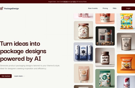 Package Design,Package Design官网截图,通过输入产品细节和包装类型，使用AI技术生成定制包装设计。下载PNG或PDF格式的设计。