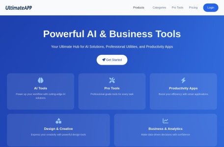 UltimateApp,UltimateApp官网截图,UltimateApp是一款全面的云端工具包，提供多种AI和商业工具，以提升生产力。用户可以从一个单一的仪表板生成YouTube缩略图、设计书籍封面、管理发票和简化预算。它提供免费和专业工具的选项，旨在简化个人和企业的工作流程。