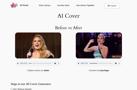 AI Cover,AI Cover官网截图,AI歌曲封面生成器是一个基于网页的工具，允许用户使用人工智能创建歌曲封面，复制各种艺术家的声音。它提供了简单、用户友好的界面，无需注册，使其对内容创作者和音乐爱好者都很容易使用。