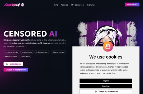 Censored AI,Censored AI官网截图,审查AI图像生成器是一个最先进的平台，根据您的想象力创建令人惊叹的艺术作品，无论您喜欢动漫、漫画、逼真风格还是3D设计。它以每月2美元的价格提供多样的艺术风格和设计选项。该平台利用尖端的人工智能技术将您的梦想艺术作品带到现实中。