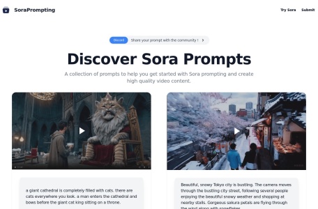 Sora Prompting,Sora Prompting官网截图,Sora AI Prompting是Sora提示的首选平台，这是创意与视频内容创作相遇的地方！探索各种由人设计的提示结果，将你的想法变为现实。