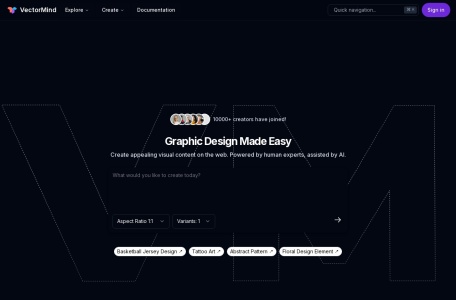 VectorMind AI,VectorMind AI官网截图,我们的AI矢量图形生成器可以在几秒钟内让用户创建出令人惊叹的矢量图形素材。我们构建了最先进的生成式AI，帮助用户将想法变成高质量、令人难忘的设计。