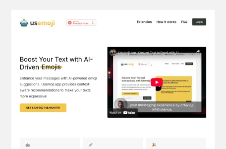 Convert Text to Emoji with AI,Convert Text to Emoji with AI官网截图,Usemoji.app是一个工具，允许您选择文字并在几秒钟内找到适合您的文本的表情符号。它可以帮助您提升文本效果并提高参与度。
