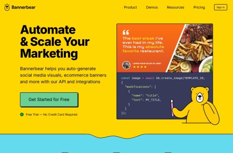 Bannerbear,Bannerbear官网截图,Bannerbear API帮助您和您的团队自动生成社交媒体视觉内容、电子商务横幅、播客视频等