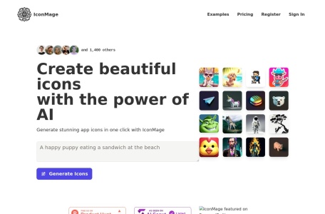 IconMage,IconMage官网截图,IconMage是一个由人工智能驱动的图标生成器平台，允许用户轻松创建令人惊叹的项目图标。提供多种风格和定制选项，用户可以在一个地方设计出独特的图标。