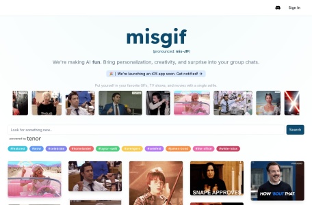Misgif: AI Generated GIFs,Misgif: AI Generated GIFs官网截图,Misgif是一个使用人工智能技术的平台，允许用户将自己置于他们喜爱的电视节目、电影等中。