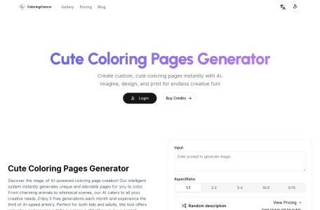 Cute Coloring Pages Generator,Cute Coloring Pages Generator官网截图,ColoringCanva是一个由AI驱动的生成器，用于创建定制可爱的涂色页，适合所有年龄段的人。它提供了一个设计、想象和打印独特艺术作品的平台，完美适用于儿童、成年人和教育工作者的涂色活动。