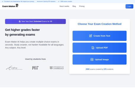 Exam Maker AI,Exam Maker AI官网截图,考试生成器AI是一款AI工具，可以根据用户提供的学习材料快速生成选择题，帮助高效备考。