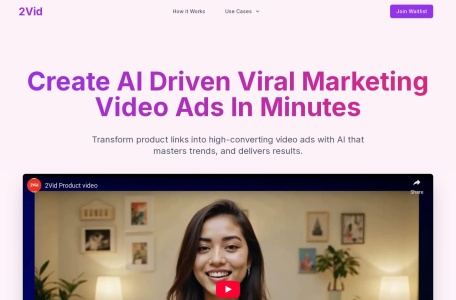 2Vid,2Vid官网截图,2Vid 是一个基于人工智能的内容创作工具，帮助用户从文本内容生成视频。它可以根据不同格式（如脚本、博客和推文）即时创建视频，并支持多种语言，优化了视频创作流程，适合有志于创作的用户。