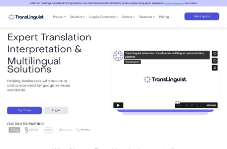 TransLinguist,TransLinguist官网截图,一款由人工智能驱动的基于云的平台，可在任何语言和任何平台上实时翻译，利用人类口译员和语音人工智能提供超过25种语言的服务。