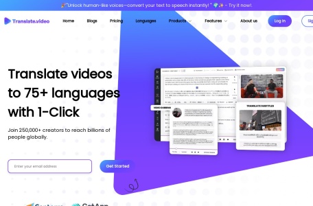 Translate.video,Translate.video官网截图,Translate.Video是一个平台，允许用户只需点击一下即可将视频翻译成超过75种语言。它被超过250,000个创作者使用，覆盖全球数十亿人口。