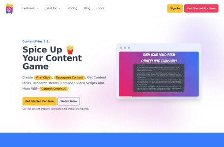 Contentfries,Contentfries官网截图,ContentFries是一个专门的内容再利用应用程序，可以将您的视频转化为数周的精彩和引人入胜的内容。通过该应用，您可以快速轻松地创建剪辑内容，帮助您建立更大的受众和更强的品牌。