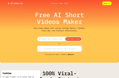 AI Video Cut,AI Video Cut官网截图,AI视频剪辑是一个平台，可以通过高精度的视频剪切和AI生成的字幕，将长视频转化为吸引人的短视频，例如YouTube Shorts和TikTok。它适合内容创作者、营销人员以及任何希望轻松重复利用视频内容的人。
