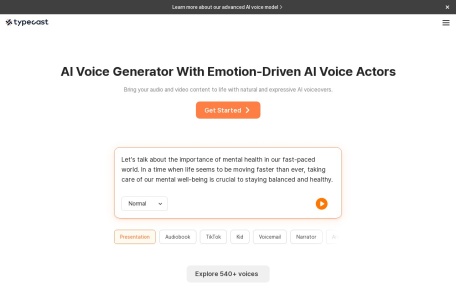 Typecast,Typecast官网截图,在线AI文字转语音生成工具，一款简单易用的人工智能音频和视频转换器，可提供卓越的准确性、速度和高级功能