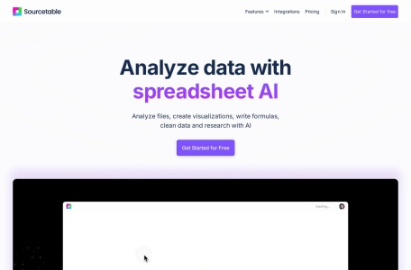 Sourcetable — AI spreadsheet & data analyst,Sourcetable — AI spreadsheet & data analyst官网截图,Sourcetable 是一个AI驱动的电子表格和数据平台，旨在简化工作流程并提高生产力。它提供了一套全面的解决方案，用于分析文件、清理和丰富数据、进行研究、创建可视化、生成报告和推动商业智能。Sourcetable结合了传统电子表格（如Excel和Google Sheets）的熟悉性，包含所有标准公式和函数，同时提供与超过100个数据库...