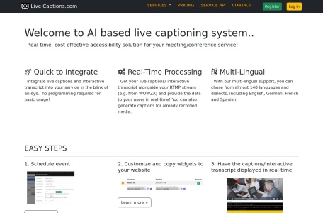 AI based live captioning system,AI based live captioning system官网截图,语音识别实时字幕.com是一个基于人工智能的实时字幕服务，为会议和会议提供实时，经济实惠的可访问性解决方案。它提供快速简便的集成过程，并支持多种语言和方言。