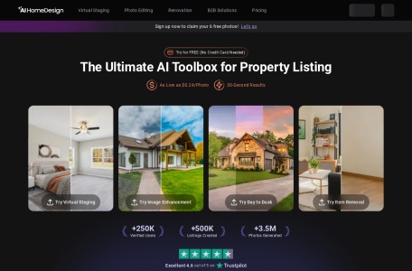 AI HomeDesign,AI HomeDesign官网截图,AI HomeDesign 是一个房地产照片编辑平台，提供五种备受追捧的服务。借助人工智能，用户可以即时转换和增强他们的房地产照片。