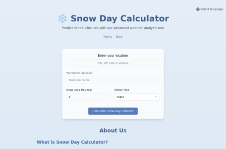 SnowDay Online,SnowDay Online官网截图,SnowDay Online 是一款交互式计算器，可预测冬季天气导致的学校停课情况。输入您的位置和预计降雪量，即可获取实时停课概率，并规划安全的通勤、活动和雪天娱乐活动。