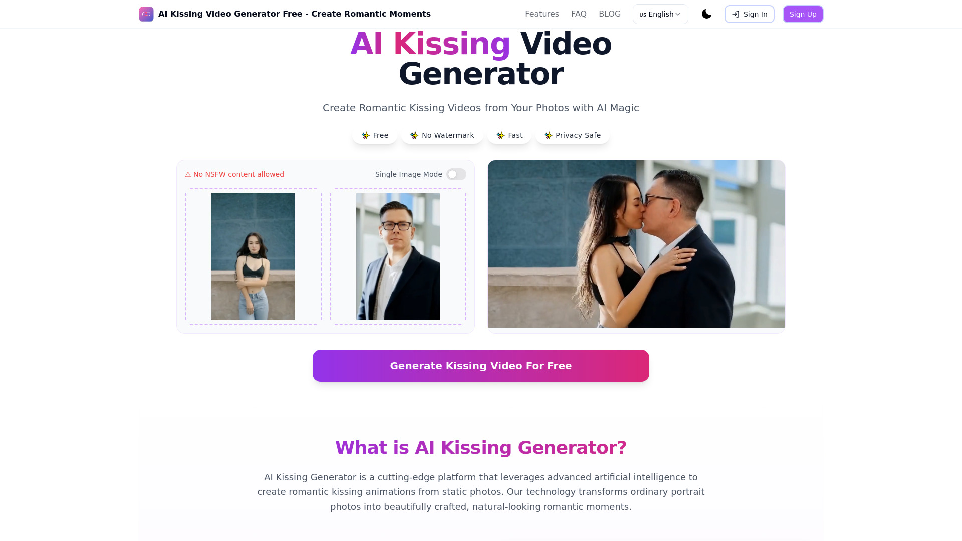Free AI kissing video generator网页截图,Free AI kissing video generator网页快照