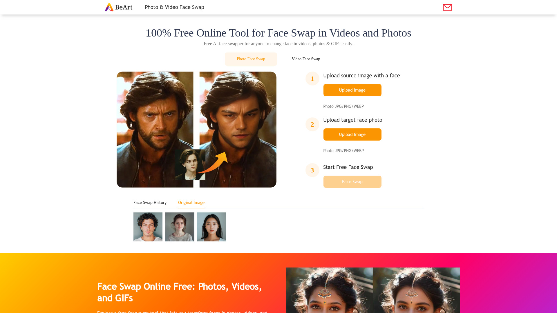 BeArt AI Face Swap网页截图,BeArt AI Face Swap网页快照