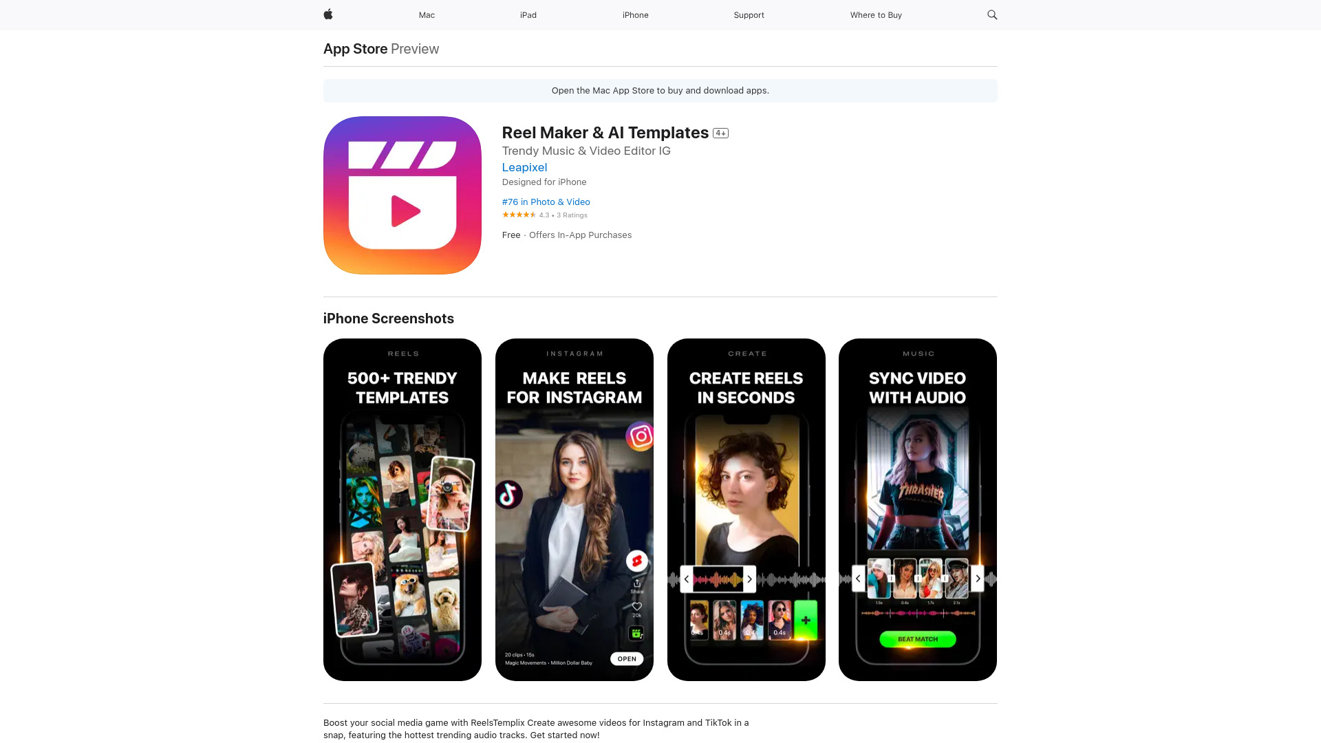 Reel Maker & AI Templates网页截图,Reel Maker & AI Templates网页快照