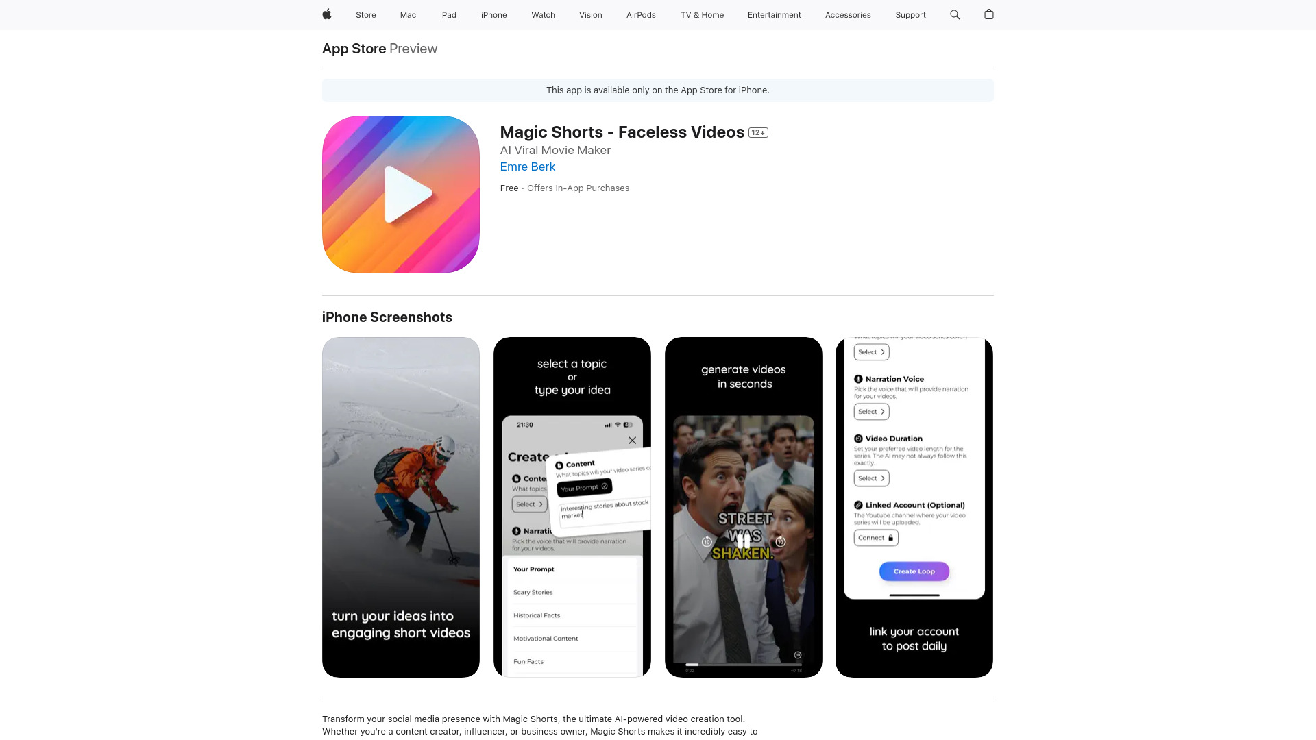 Magic Shorts – Faceless Videos网页截图,Magic Shorts – Faceless Videos网页快照