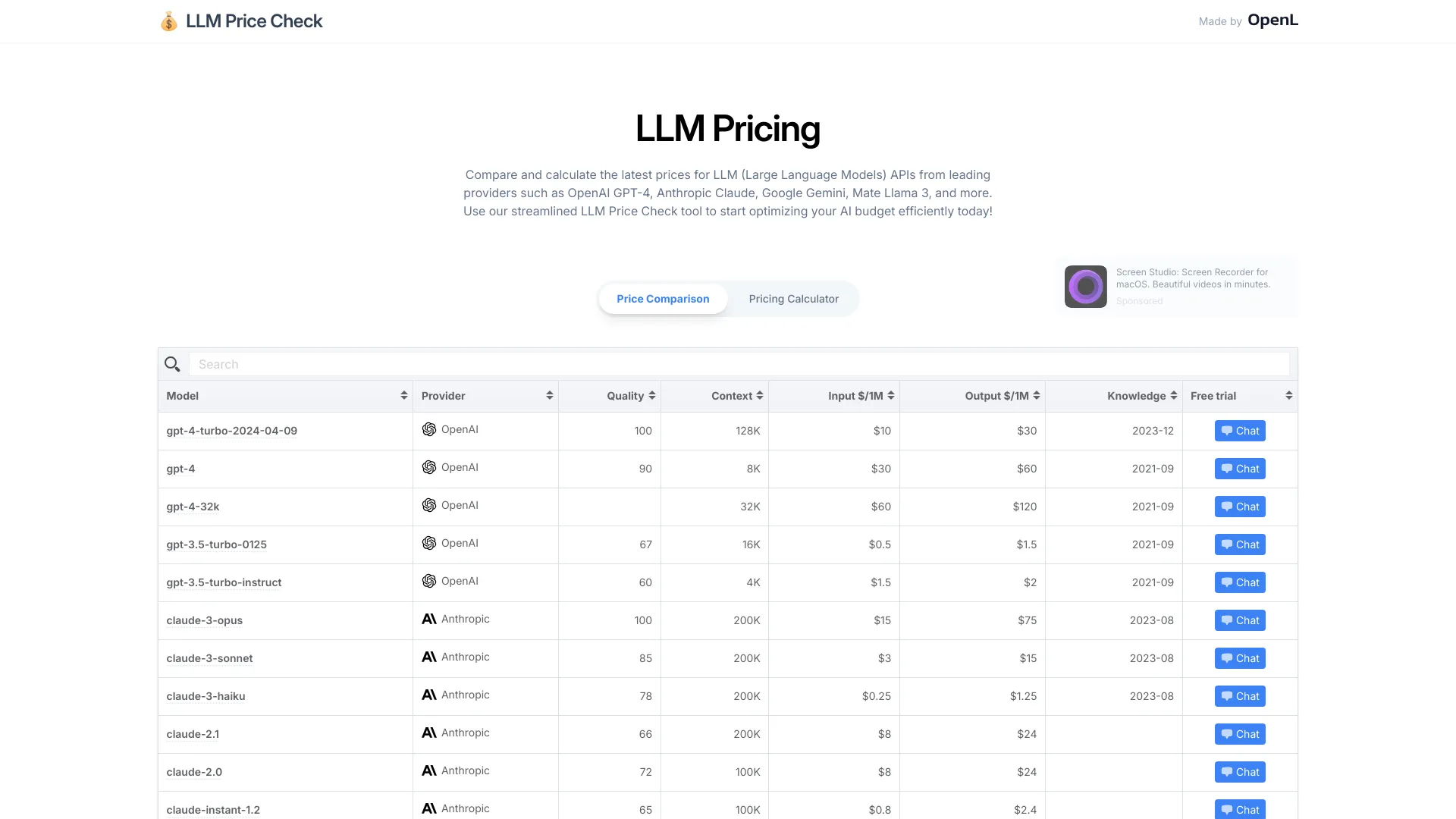 LLM Price Check网页截图,LLM Price Check网页快照