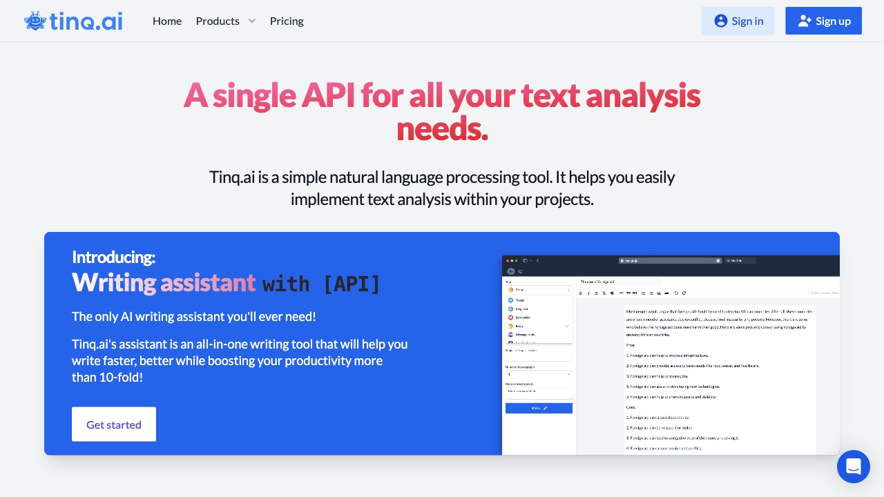 Tinq.ai – NLP API网页截图,Tinq.ai – NLP API网页快照