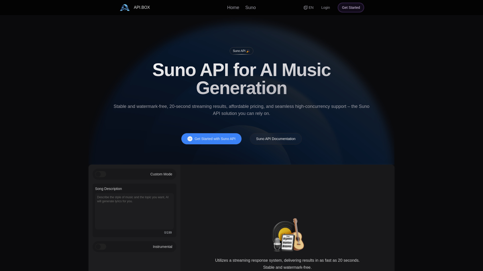 API.box: Suno API for AI Music Generation (Unofficial)网页截图,API.box: Suno API for AI Music Generation (Unofficial)网页快照