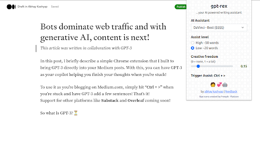 GPT-Rex – AI assist for blogging on Medium网页截图,GPT-Rex – AI assist for blogging on Medium网页快照
