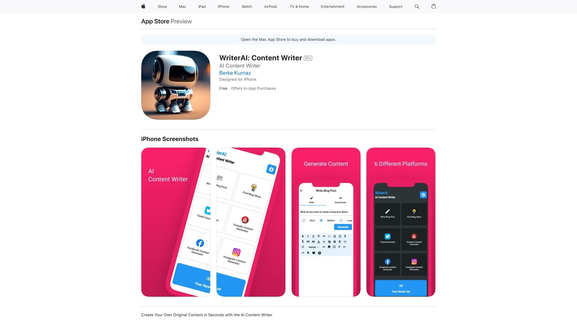 WriterAI: Content Writer网页截图,WriterAI: Content Writer网页快照