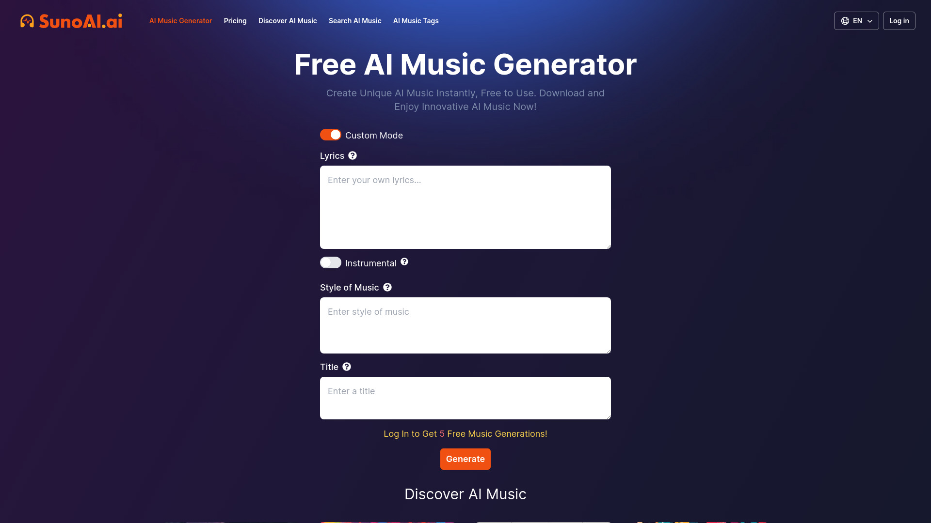 Free AI Music Generator by SunoAI网页截图,Free AI Music Generator by SunoAI网页快照