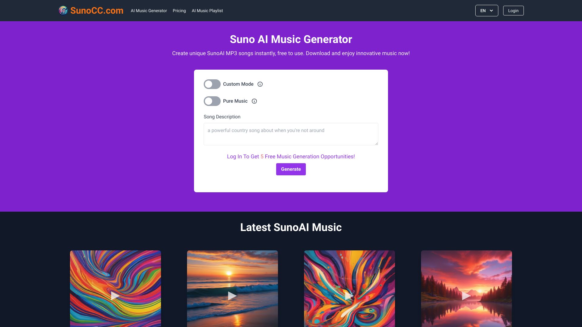 Suno AI Music Generator网页截图,Suno AI Music Generator网页快照