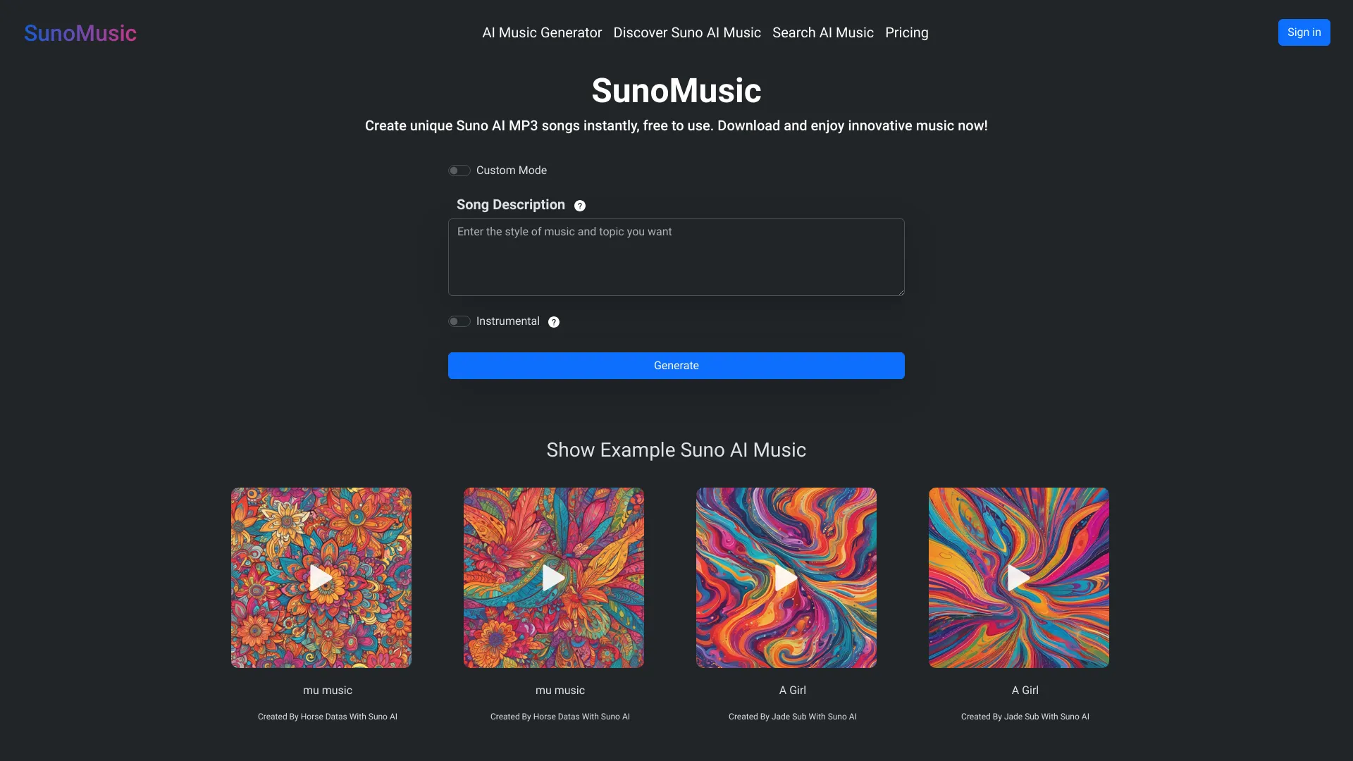 SunoMusic网页截图,SunoMusic网页快照
