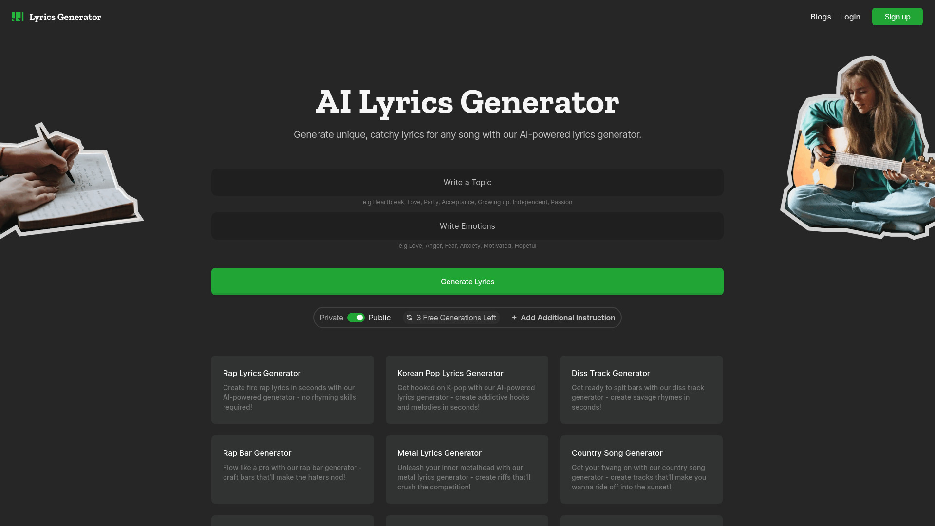 AI Lyrics Generator网页截图,AI Lyrics Generator网页快照